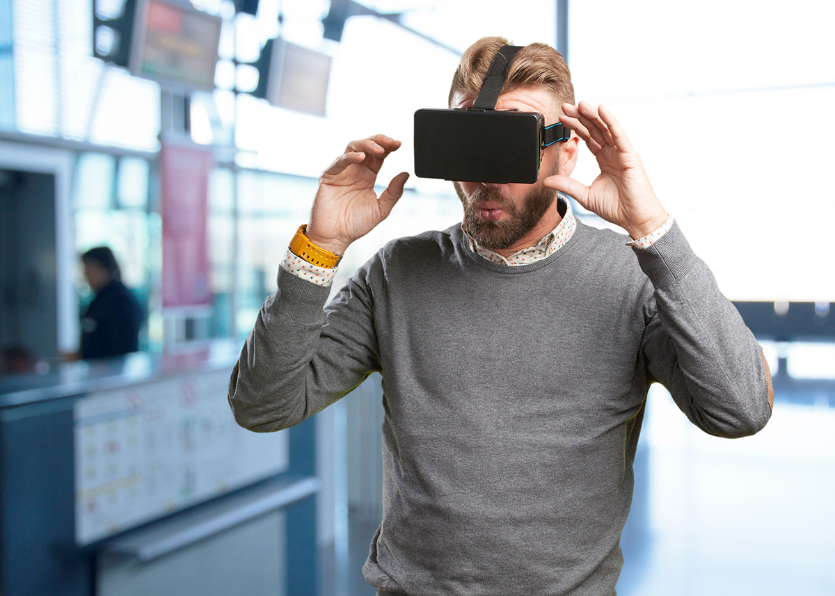 blond man with virtual glasses. surprised expression