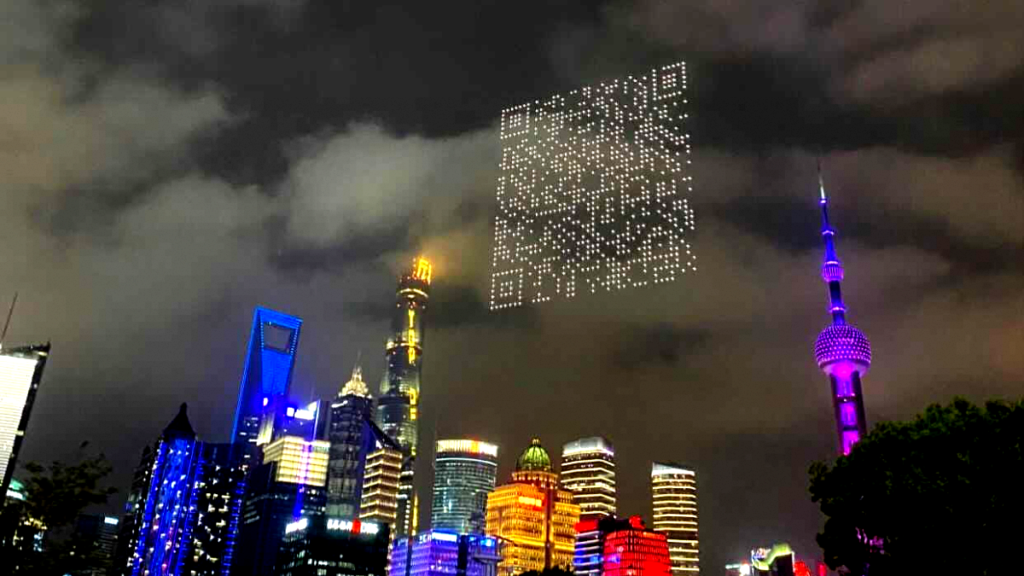 edifícios, noite, qr code